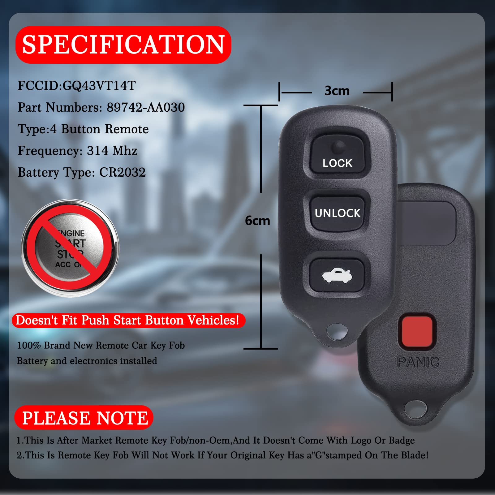 Amazon.com: Key Fob 無鑰匙入門遙控器替換,適用於Toyota Camry 2000 2001 2002 2003 2004  2005 2006 /2002-2006 Solara 附FCC ID:GQ43VT14T (2 件組) : 汽車