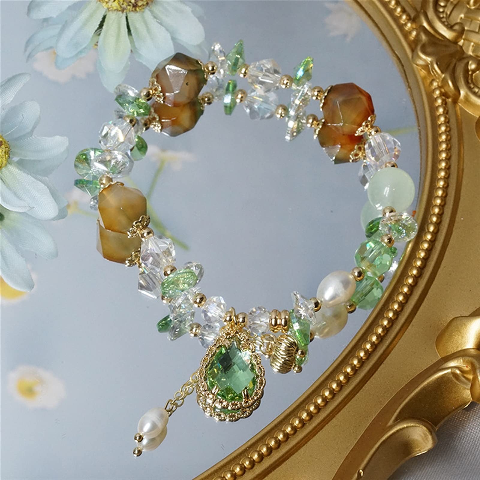 Bohemia Colgante de Gota de Agua Perlas Naturales de Agua Dulce Color Caramelo Cuentas de Piedra de Cristal Pulseras para Mujeres joyería de Moda Pulsera joyería
