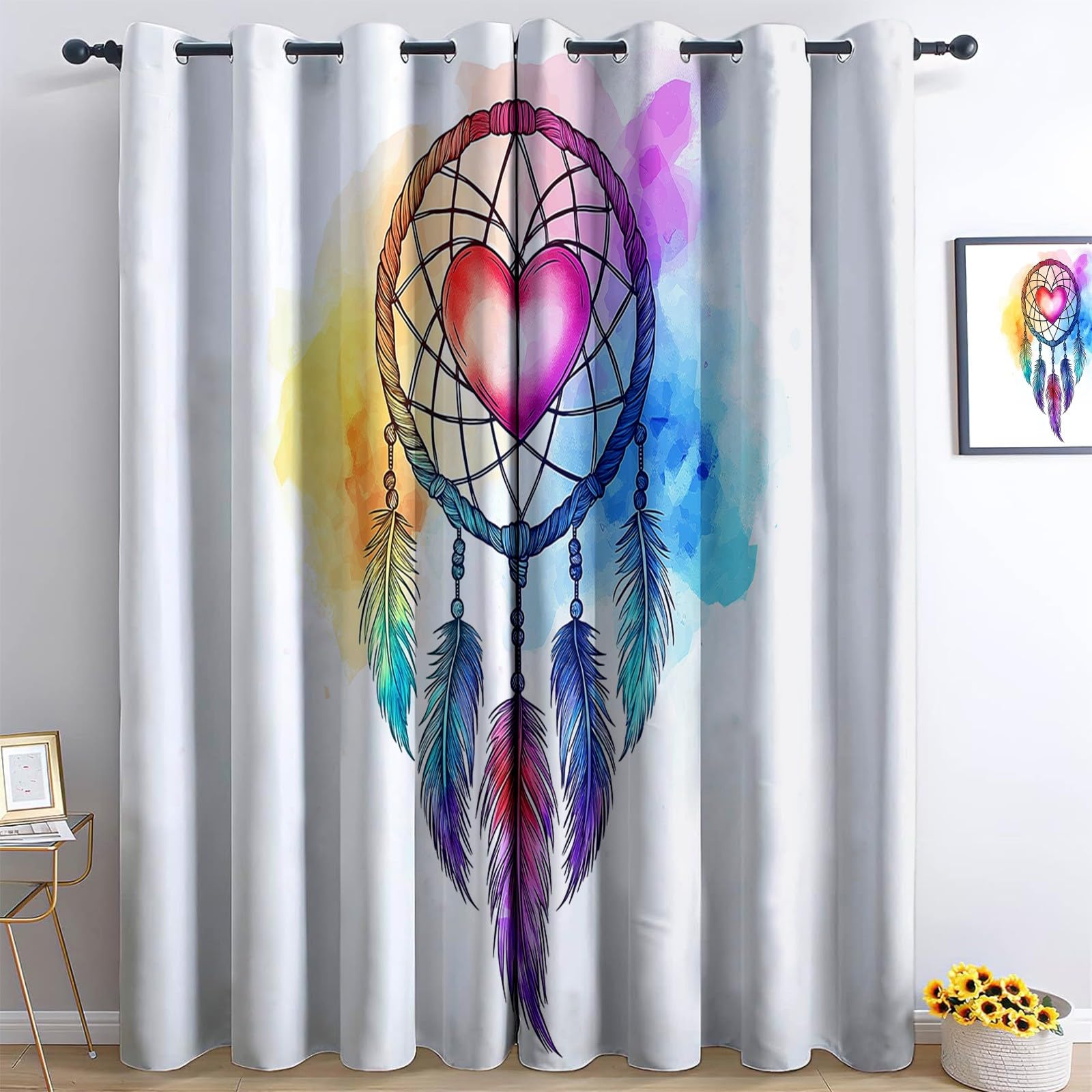 Cartoon Dreamcatcher With Animals And Feathers Curtains 55 x 102 Inch Eyelet Soft Thermal Insulated Blackout Curtains, White Window Drapes for Boys Girls Bedroom Living Room Office Drop 2 Panels
