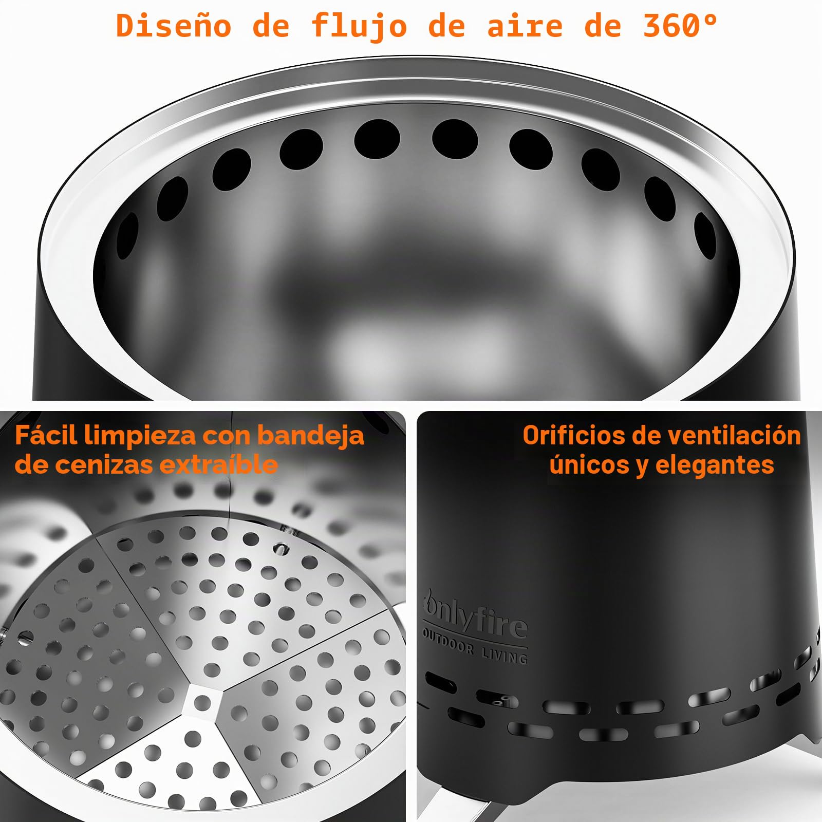 Onlyfire 16,5 cm Brasero sin Humos de Mesa, Mini Brasero Portátil con Soporte para Macetas y Bolsa de Transporte, para Acampar Al Aire Libre Tailgating Patio Trasero, Acero Inoxidable, Negro