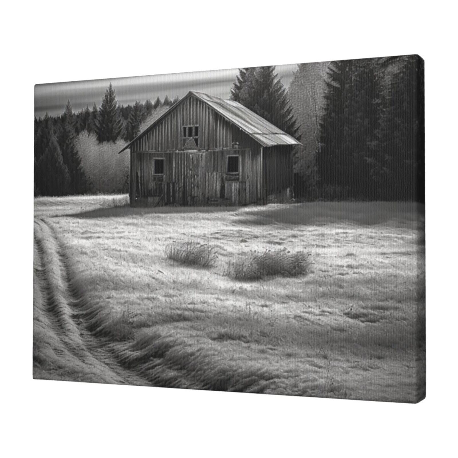 FodPand Canvas Wall Art for Living Room Wall Decor 12"x16" Modern Artwork Painting Pictures Hanging Canvas Prints Barn Black and White Aesthetic Wall Art for Bedroom Bathroom Office Wallart Decor