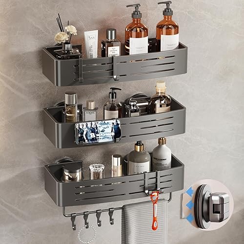 Miniatura 14 de Voldra Organizador de ducha esquinero con ventosa, estantes esquineros de ducha sin perforación, organizador de ducha de aluminio mejorado con barra