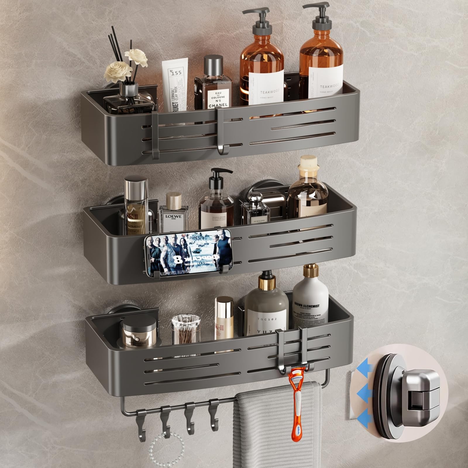 Photo 1 of Voldra Shower Caddy Suction Cup, 3 Pack Shower Shelves for Inside Shower No Drilling, Aluminum Suction Showers Organizer with Towel Bar & Hooks Removable Bathroom Shelf Storage Rack(Gray)