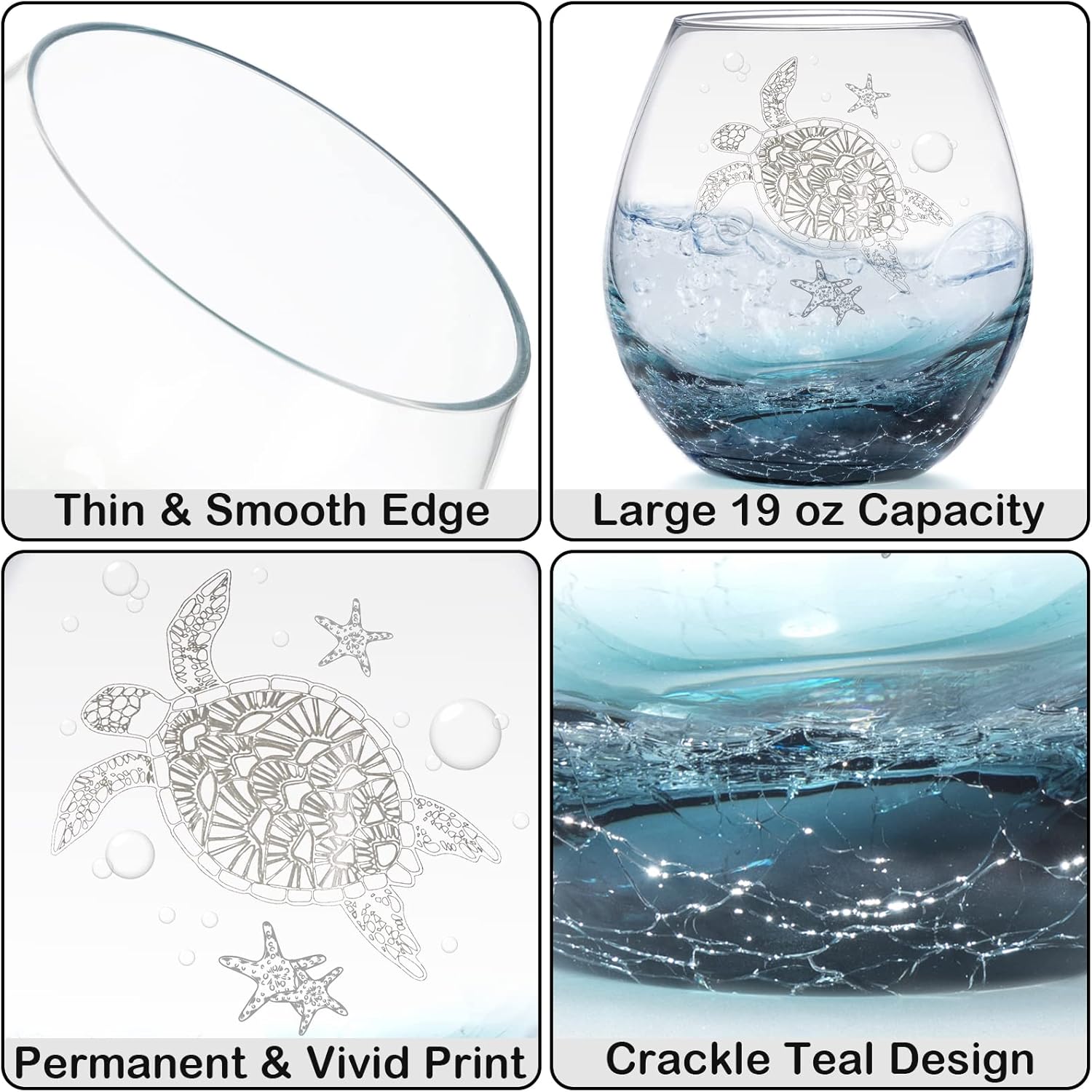 Sea Turtle Stemless Wine Glass, 19 Oz Ideal Unique Ocean Coastal Beach Gifts for Sea Turtle Lovers, Birthday Mother's Day Gifts for Party Women Man Mom Friends Co-worker (Crackle Teal) - Image 6