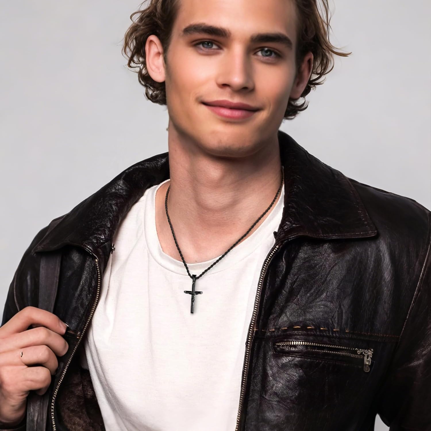 ALEXCRAFT Sterling Silver Plated Cross Necklace for Men Gold Plated Cross Necklaces for Women Trendy Stainless Steel Crucifix Pendant with 3mm 21inch Rope Chain - Image 2