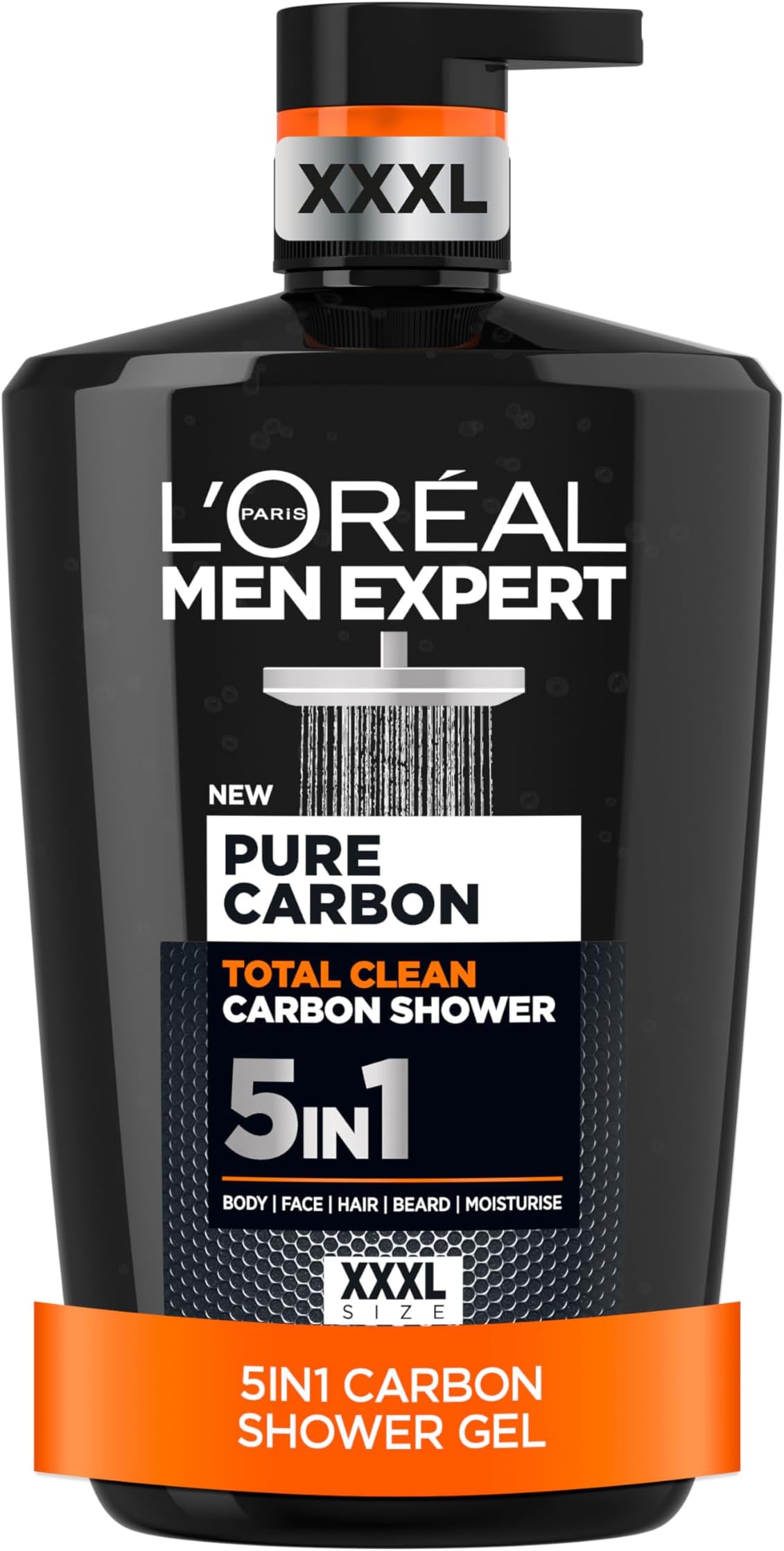 L'Oréal Men Expert, Pure Carbon, 5-in-1 XXL Shower Gel, A Total Action Body, Face, Hair Wash, Shave and Moisturiser Powered By Carbon, Total 5-in-1 Action, Large 1L Pump