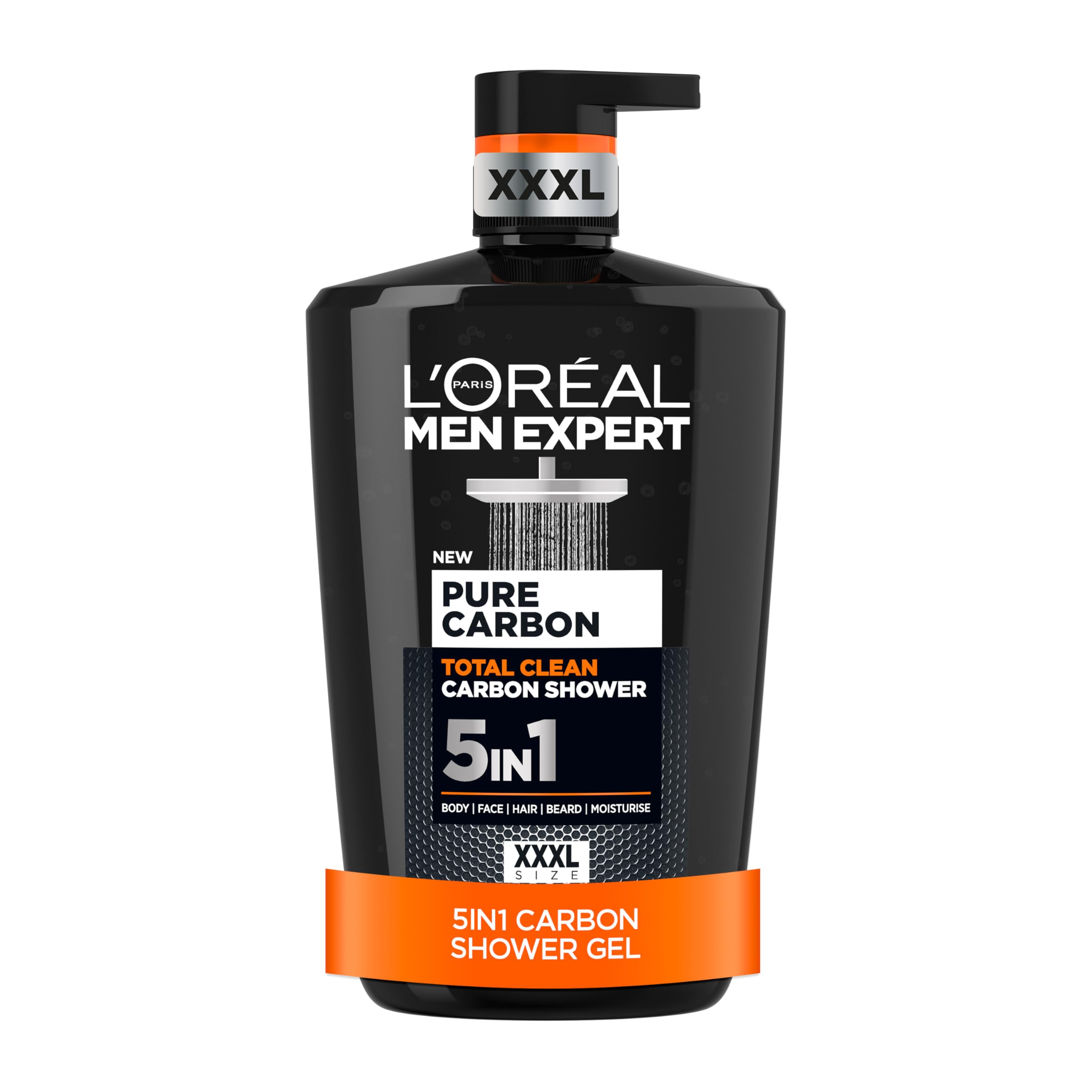 L'Oréal Paris Men Expert Pure Carbon XXXL Shower Gel, Men's Charcoal Body Wash for Body, Face, Hair & Beard, Purifying & Fresh Feeling Effect, 1 Litre