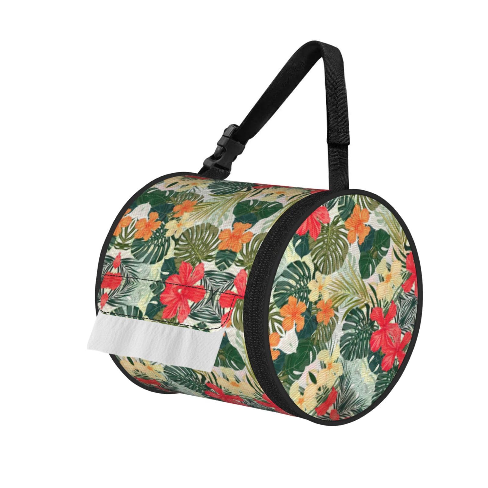 Vegetation Leaves with Hibiscus Flowers Printed Roll Paper Carrier Bag, Foldable Oxford Cloth Tissue Case for Camping Hiking Backpack
