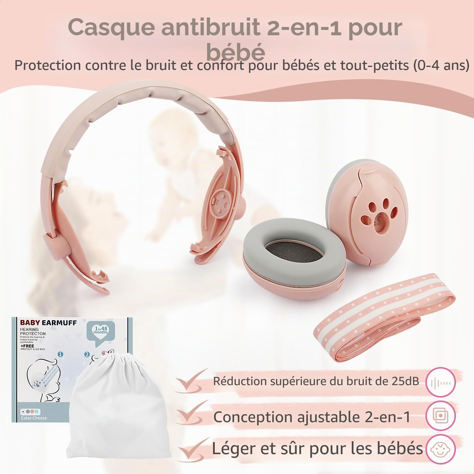Cache-oreilles 2 en 1 pour Bébé, Casque Antibruit Bébé,Casque Anti Bruit Bebe pour Protection Contre le Bruit (0-4 ans), Réduction de Bruit de 25dB, Bandeau Réglable et Coque ABS Légère
