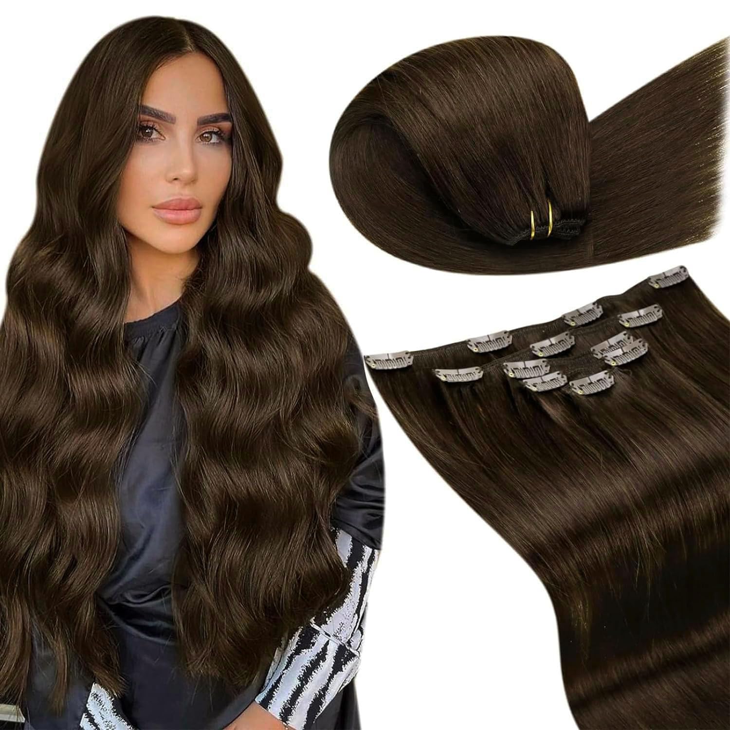 LaaVoo Extensiones Clip Pelo Natural Castaño Medio Extensiones de Pelo Natural Con Clip 30cm/12Pulgadas Extensiones de Cabello Natural Clip 5piezas/70g #4