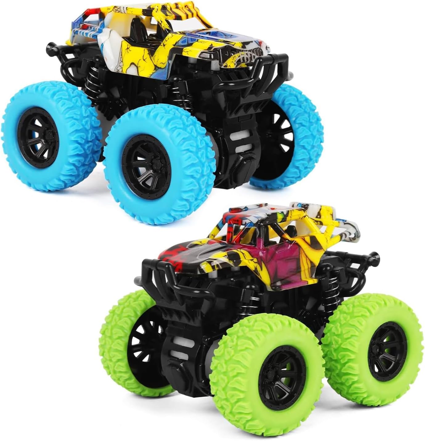 M SANMERSEN Monster Truck Toys for Ages 2-4, Friction Cars for Toddlers 1-3 Push and Go 360° Rotating Stunt Car for 2+ Year Old Boys Girls Gifts (2 Pack - Blue and Green)