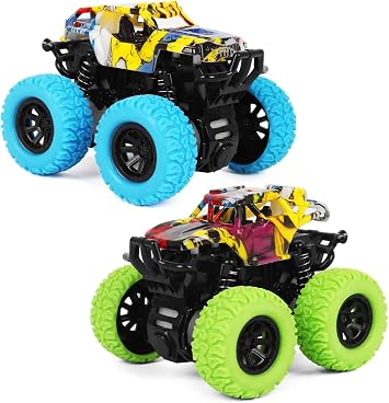 M SANMERSEN Monster Truck Toys for Kids, Friction Cars for Toddlers Push and Go 360 Rotating Stunt Car for 3+ Year Old Boys Girls Gifts 2 Pack - Blue and Green