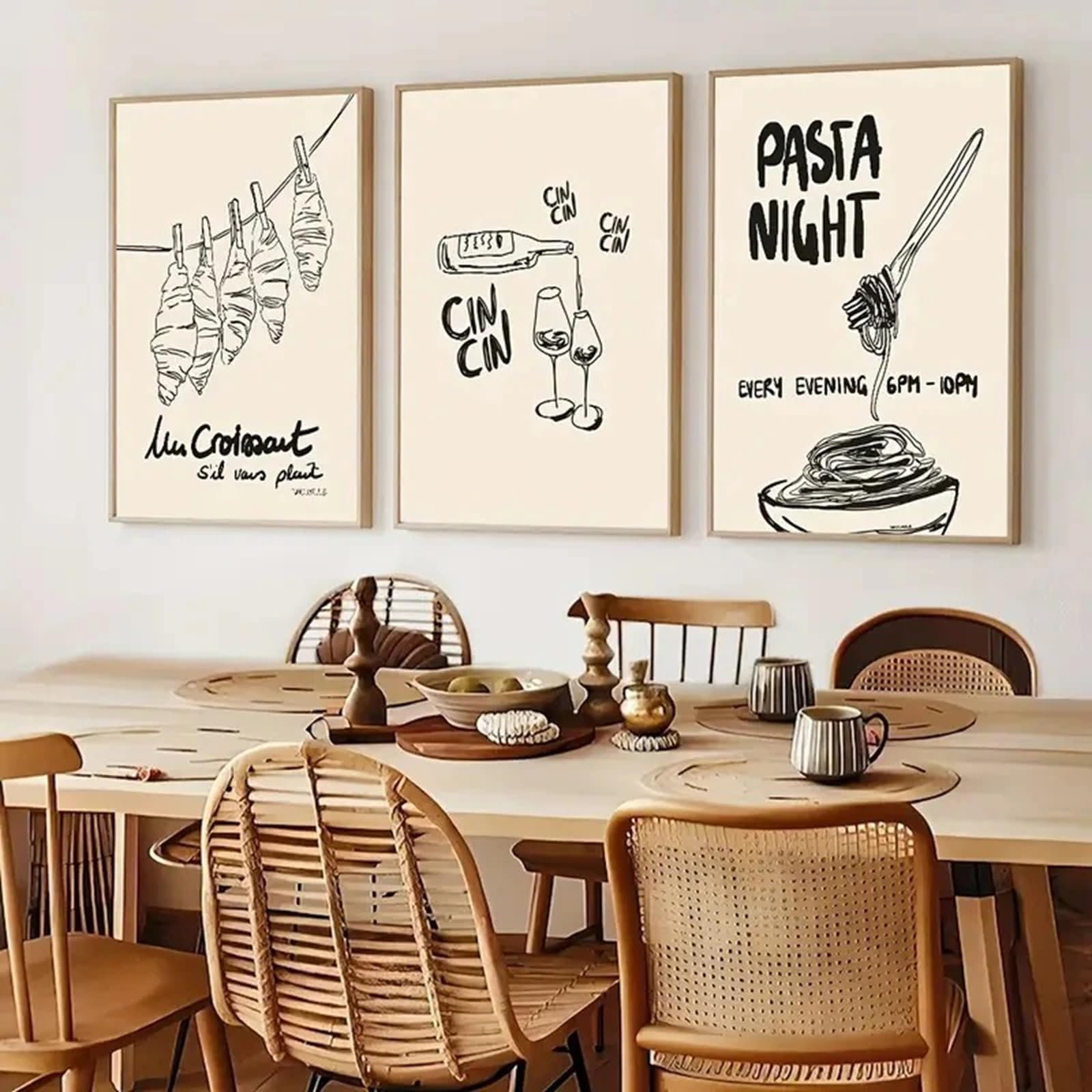 Set of 3 Posters, Abstract Kitchen-Themed Croissants, Cocktails and Pasta Wall Art,Modern Minimalist Aesthetic Canvas Posters, for Kitchen, Dining Room, Coffee Bar and Bar Decor, Unframed (30x40cm)