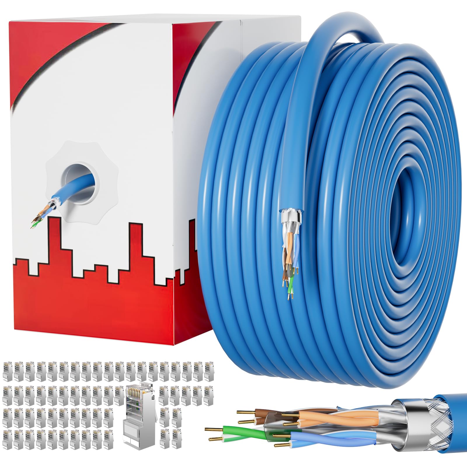 Câble Ethernet Cat 7 d'extérieur (50 RJ45), câble Ethernet triple blindage SFTP pour l'intérieur, câble Cat7 en vrac, haut débit 10 Gbit/s 600 MHz, enfouissement direct, imperméable, résistant aux UV