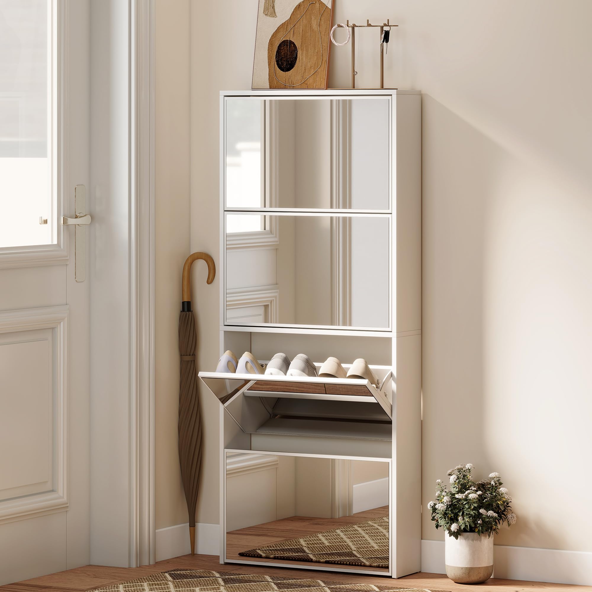 HOMCOM Scarpiera Salvaspazio Slim con Maniglia, per 12 Paia, Bianco | 4 Ante a Ribalta a Specchio, Scarpiera Ingresso, Piano Superiore, Porta Scarpe, 63x17x146 cm,