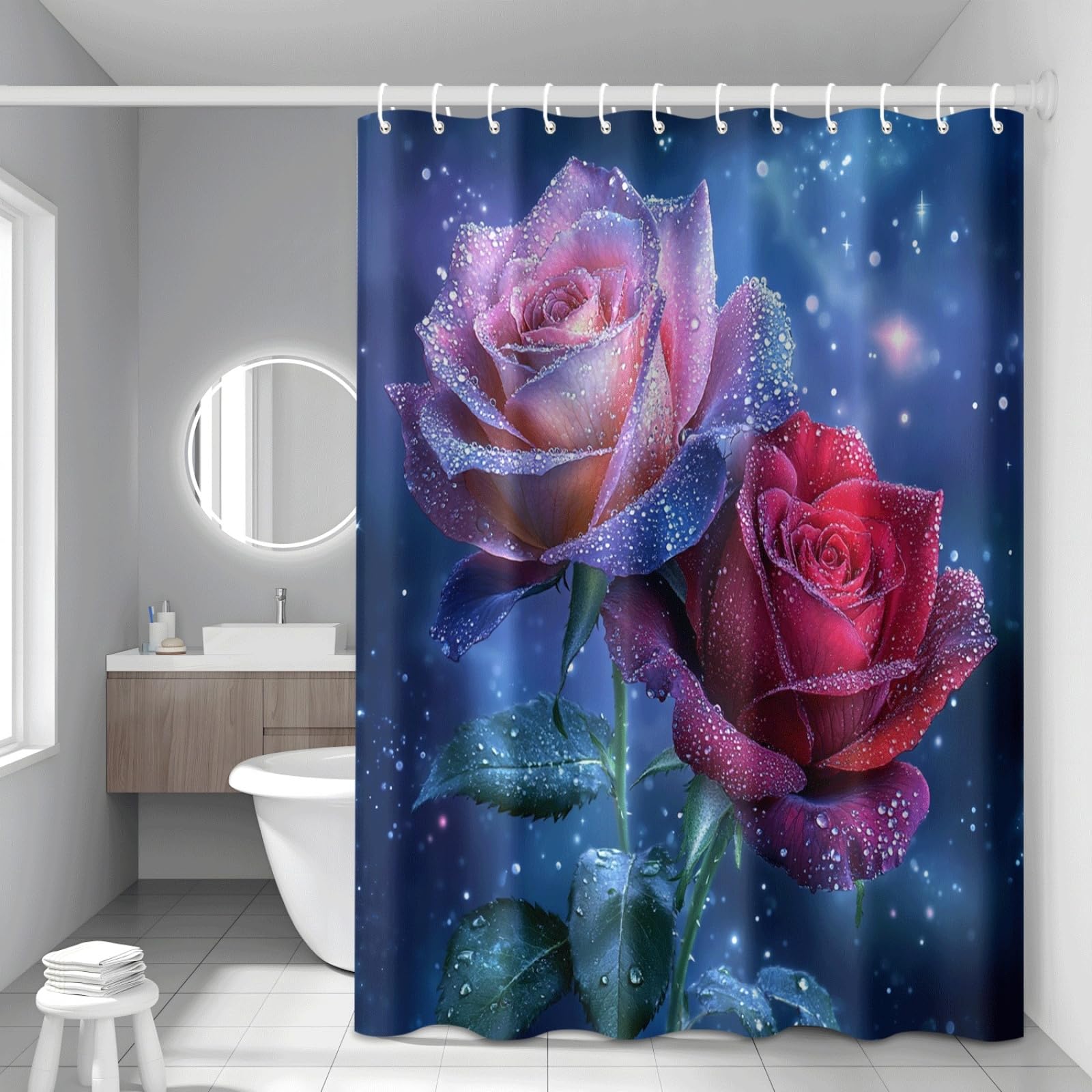 Tenda Doccia Fiore Blu Rosa Tenda Doccia Antimuffa Impermeabile Poliestere Lavabile con 12 Ganci Facile da Installare Tende Finestra Bagno per Dormitorio Hotel(180x220cm)