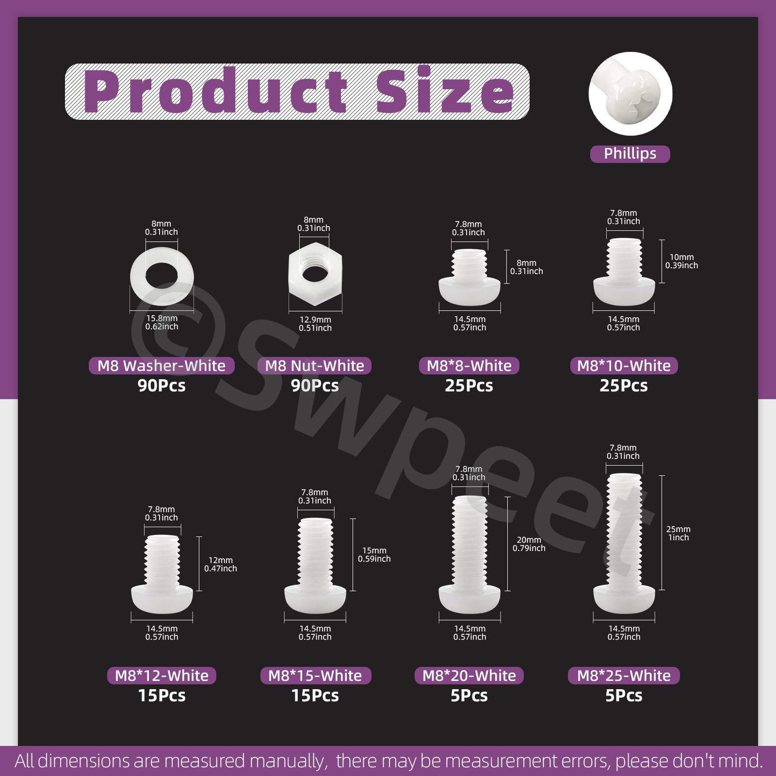 Swpeet 170Pcs 6 Sizes M8 White Nylon Pan Round Head Screws with Hex Nuts and Gaskets Assortment Kit - Image 2