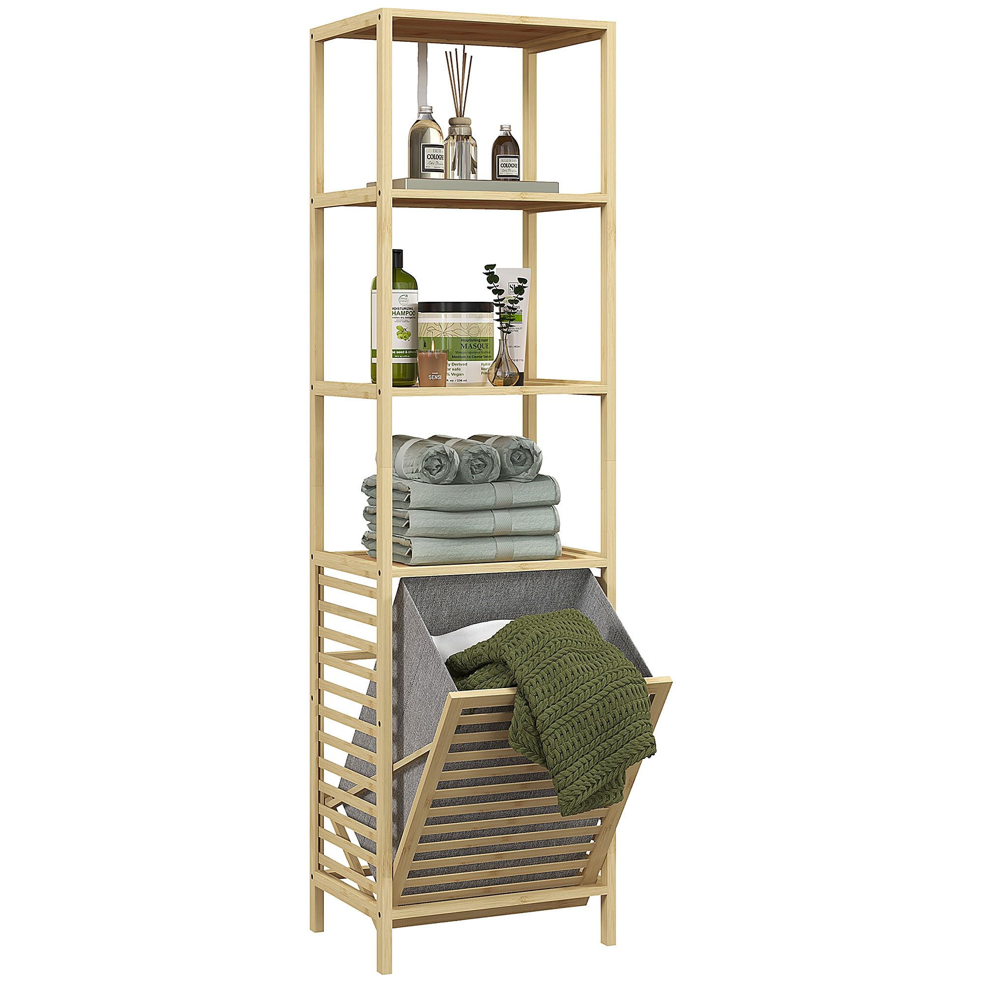 HOMCOM Estantería de Baño de Bambú Estantería de Almacenaje Mueble de Baño con 3 Estantes y 1 Cesto para Ropa Sucia Desmontable 44x33x160 cm Natural