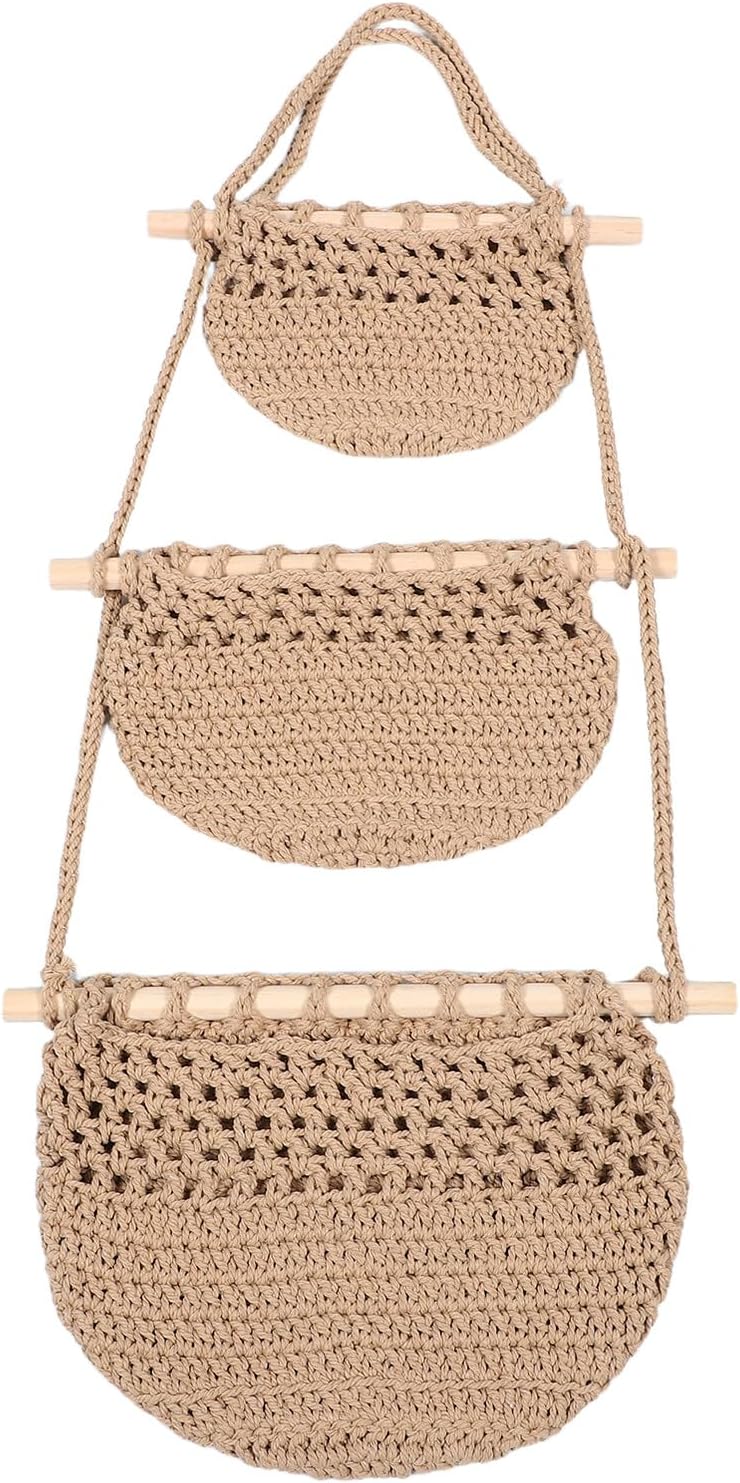 Handwoven 3-tier Hanging Storage Basket with Cotton Rope for Kitchen Fruit and Vegetable Organization, Boho Style Hanging Produce Basket for Home and Pantry