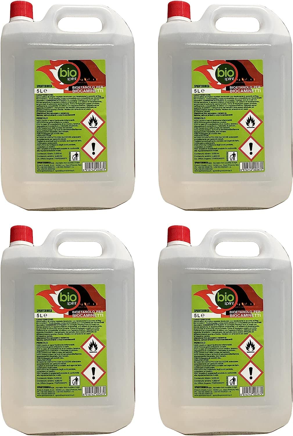 4 unidades - 20 litros - Bioetanol combustible estufas Bio Sprint 5 litros 99,9% inodoro sin humo natural sin azufre + embudo de 145 mm