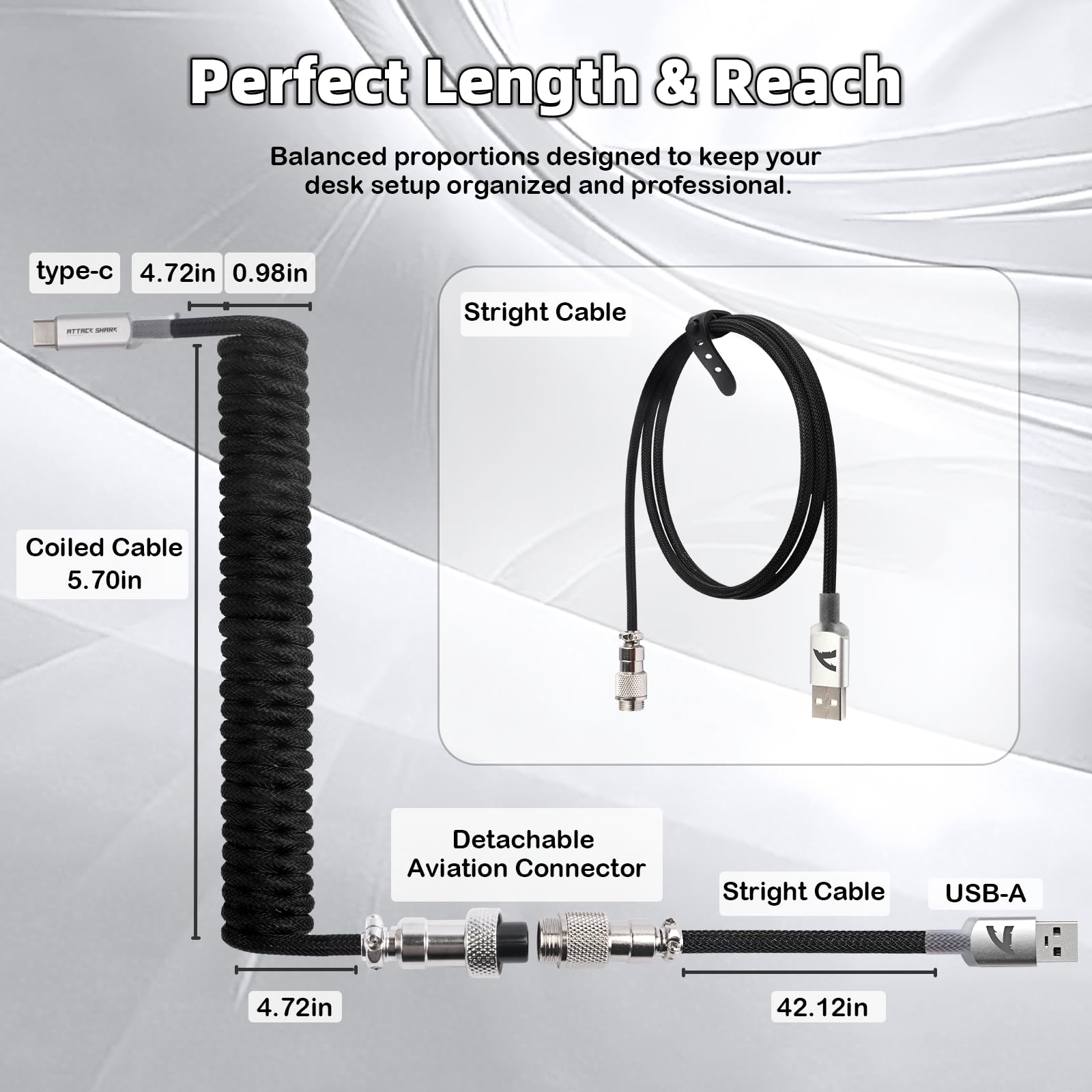ATTACK SHARK C01 ULTIMATE RGB Cavo Spiralato per Tastiera Gaming, Supporto 8000Hz e Rapid Trigger, Cavo per Tastiera Meccanica da USB-C a USB-A con Aviatore in Metallo, Doppio Intreccio, Nero