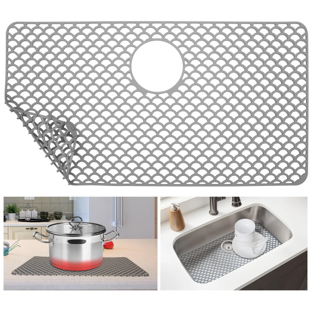 Tappetino per lavello in silicone grigio, 71 x 38 cm, resistente al calore, antiscivolo, con foro di scarico, protezione per lavello da cucina