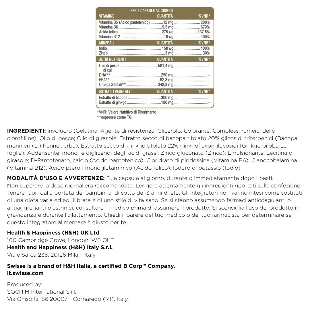 SWISSE Ultiboost- Integratori Memoria con Bacopa Monnieri e Ginkgo Biloba per Mantenimento Funzione Cognitiva, Integratore con DHA per Supporto Normale Funzione Cerebrale, Made in Italy, 120 Capsule