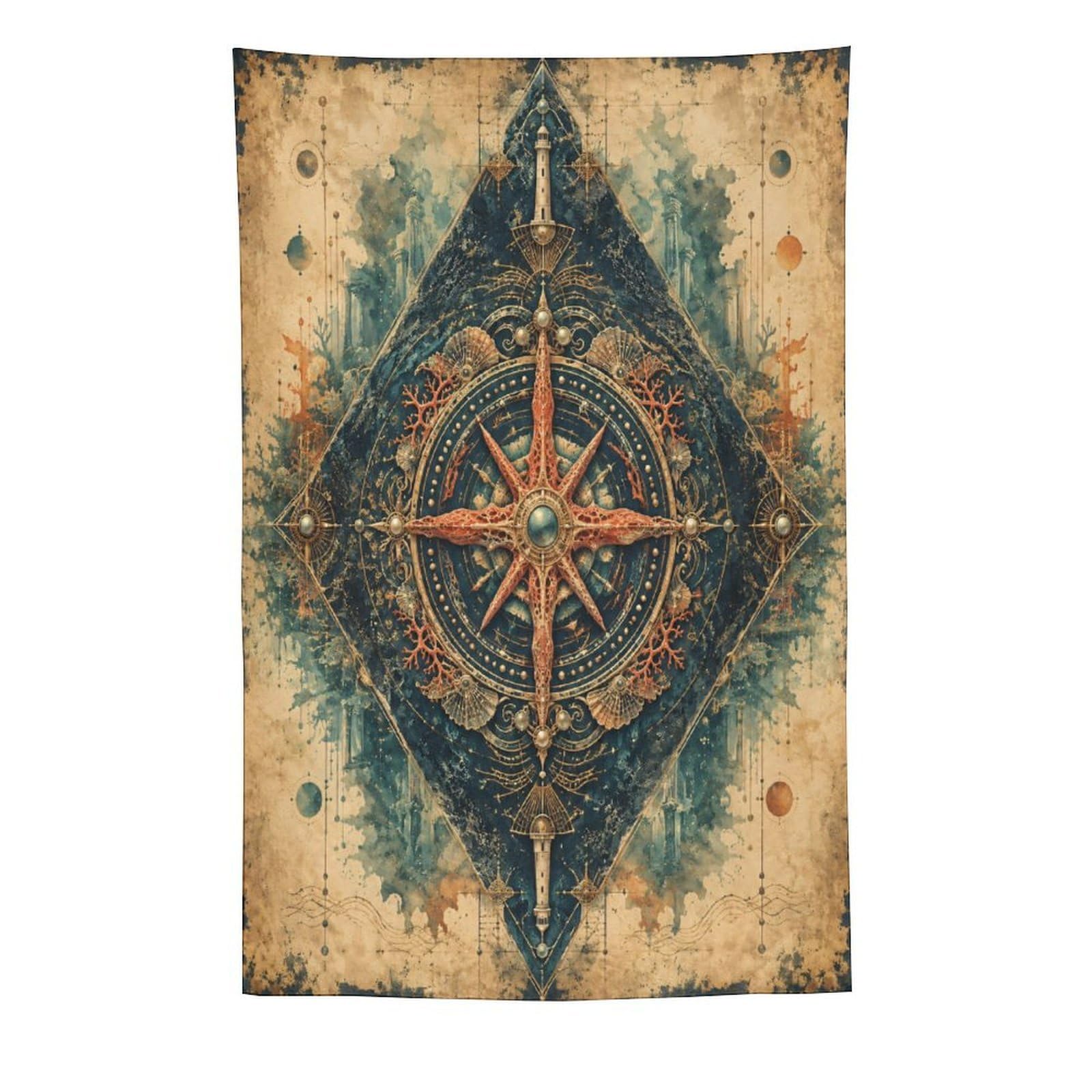 W7C8U2X3 Geometric Compass Rose Wall Tapestry, Cubist Art, Sofa Area