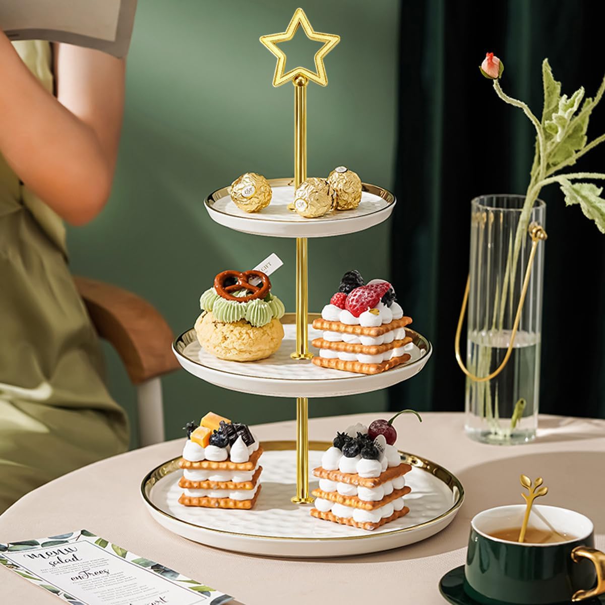 8 Sets 13.5’’ 3-Tier Cake Tray Stand Handle, Multi-tier Metal Dessert Fruit Center Rod Heavy Duty Hardware Holder for Wedding Party Birthday Cupcake Platter Stand Fittings - Gold Stars