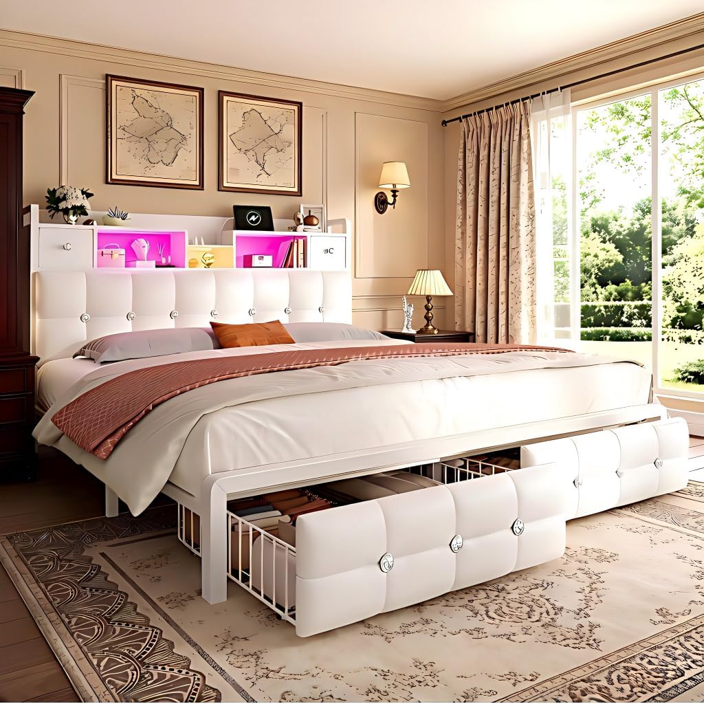 Homkdom Queen Bed Frame with Hidden Storage Headboard & 4 Drawers,Diamond-Tufted Upholstered Leather Platform Bed Frame Queen Size with LED Lights & Charging Station,No Box Spring Needed,Modern White
