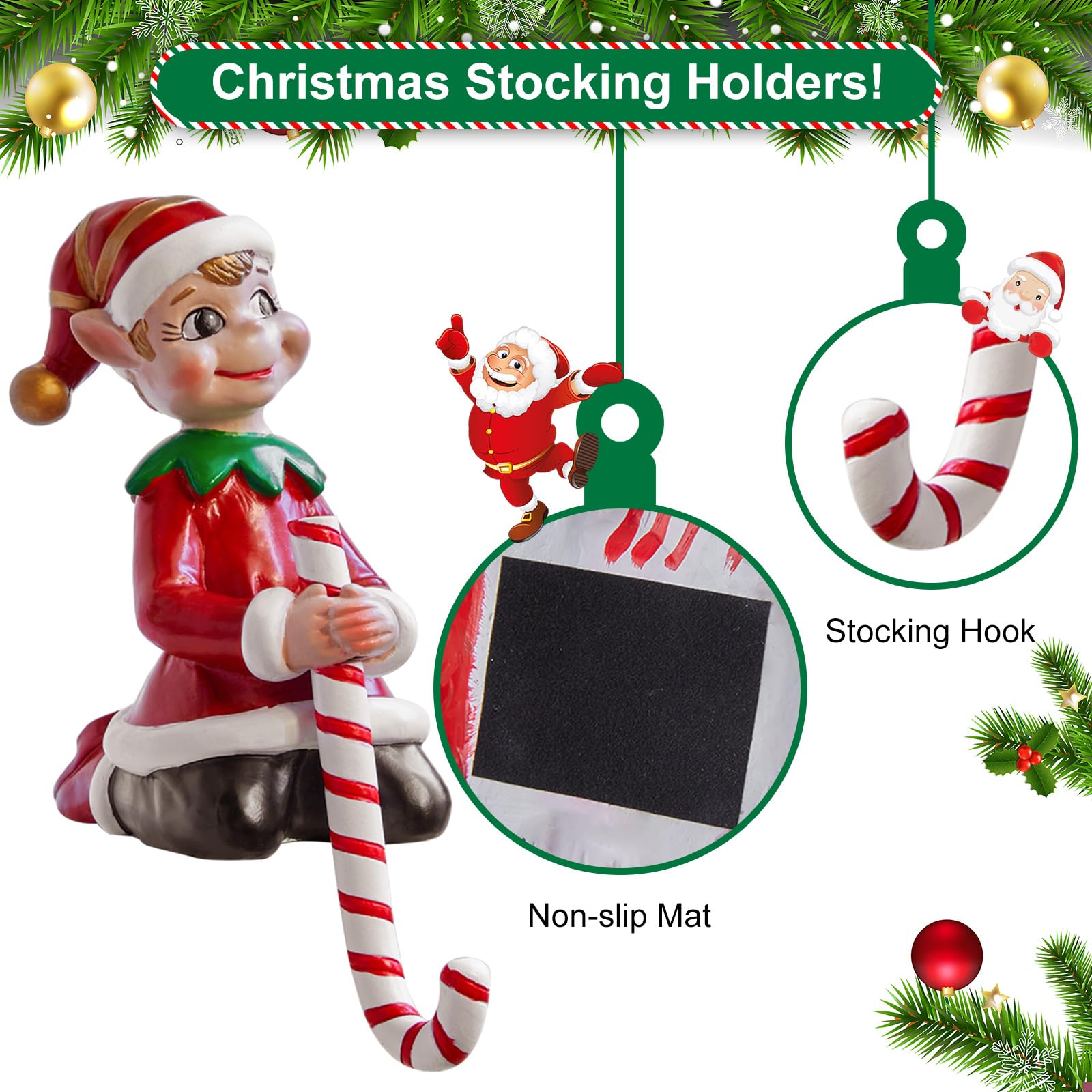 Christmas 3D Elves Stocking Holders for Mantle, Set of 4 HandPainted