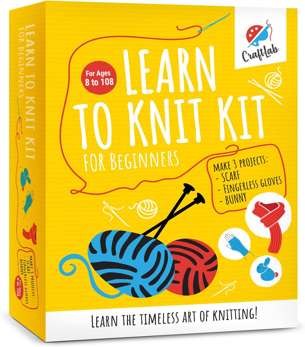 CraftLab Knitting Kit for Beginners, Kids and Adults Includes All Knitting Supplies: Wool Yarn, Knitting Needles, Yarn Needle and Instructions – Fantastic Gift