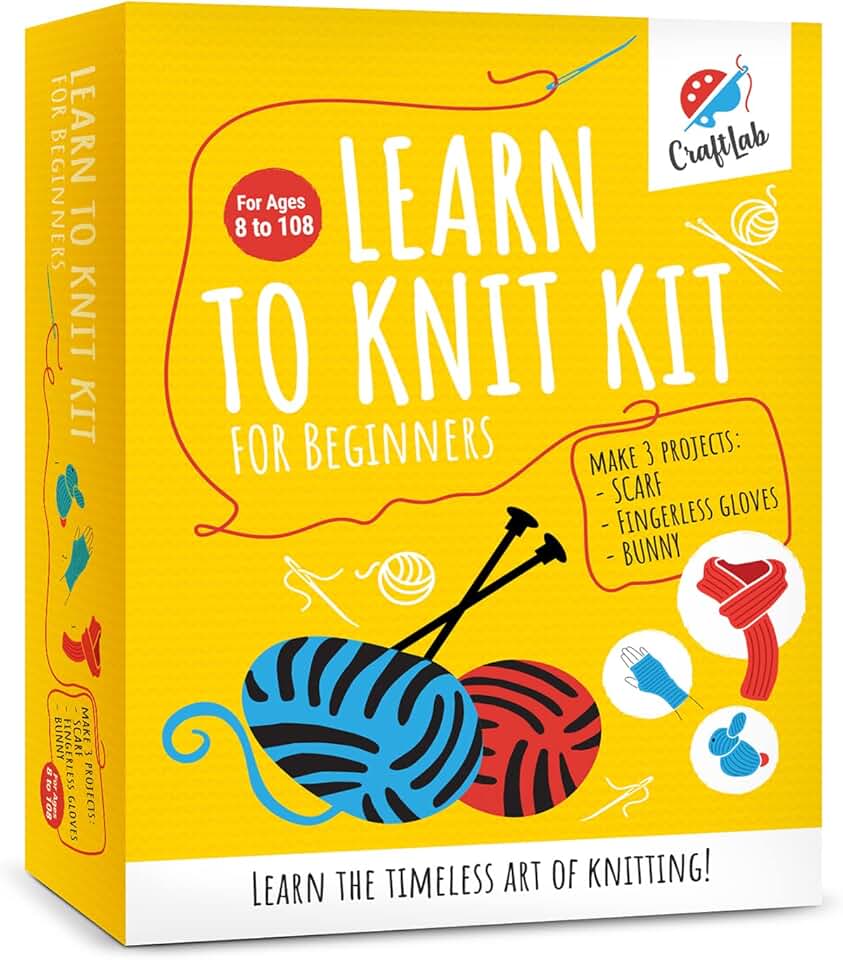 CraftLab Knitting Kit - Beginner Knitting Supplies with Wool Yarn, Needles, Instructions, DIY Gift
