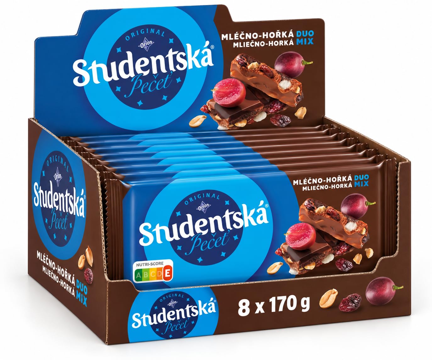 Orion Studentská pečeť, czekolada mleczna i deserowa z orzeszkami ziemnymi, galaretką i rodzynkami, 8 × 170 g (1,36 kg)
