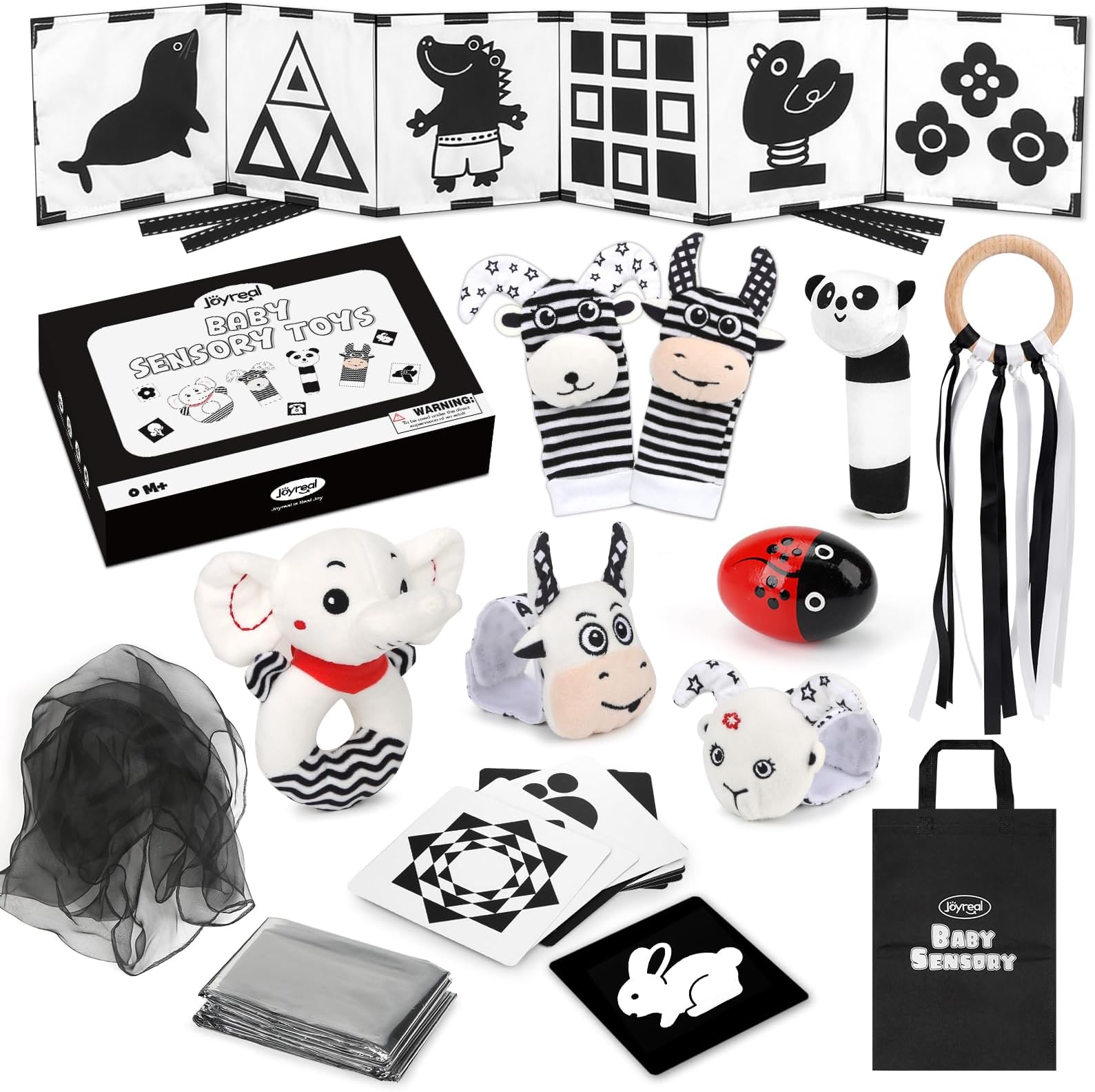 Joyreal Baby Sensory Toys, 13 Pcs Black and White Sensory Toys 0-6 Months, Foil Blanket, Sensory Cards, Baby Rattles, Ribbon Ring, Scarf, Maracas, Newborn Toys Sensory Box 0-3 Months Gifts