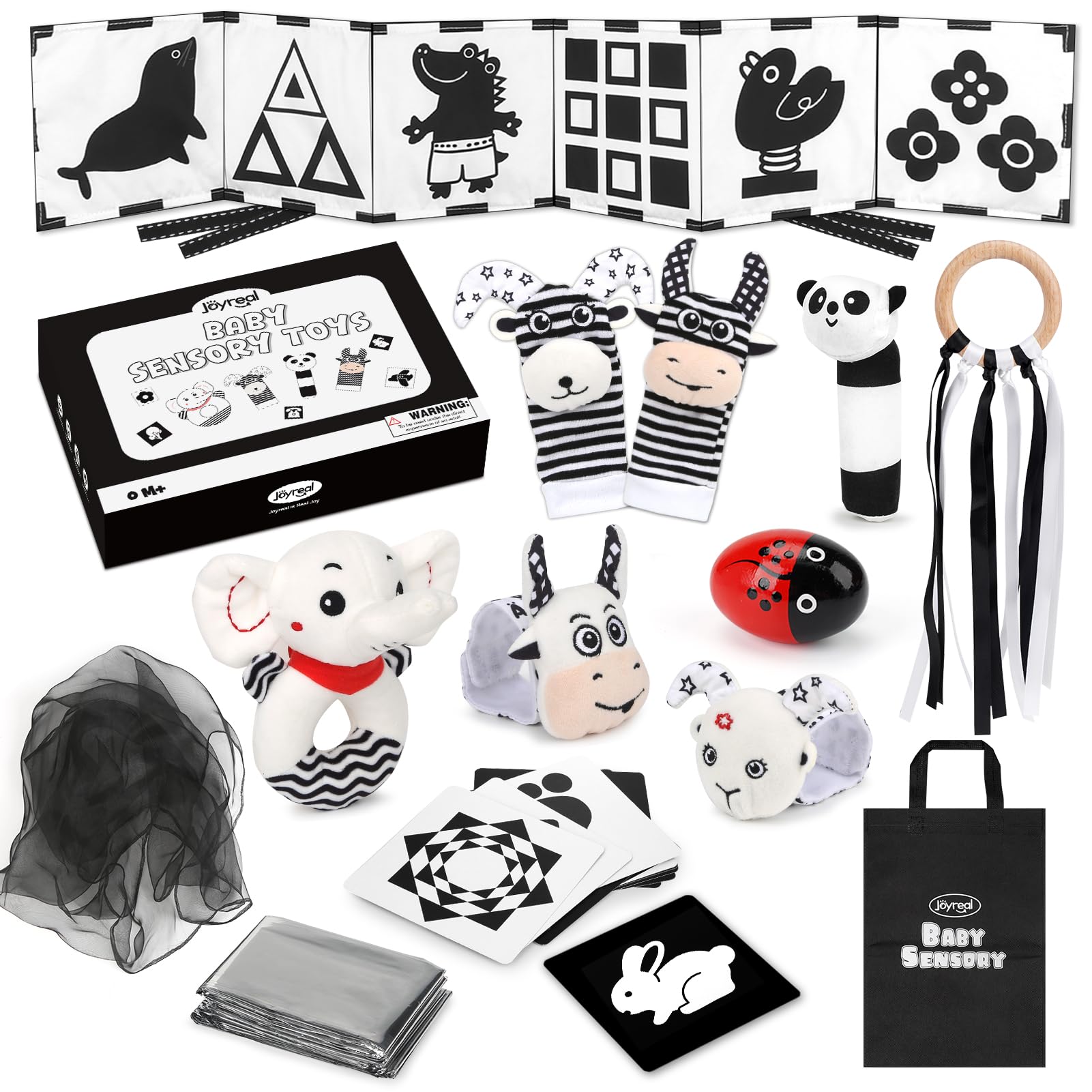 Joyreal Baby Sensory Toys, 13 Pcs Black and White Sensory Toys 0-6 Months, Foil Blanket, Sensory Cards, Baby Rattles, Ribbon Ring, Scarf, Maracas, Newborn Toys Baby Sensory Box Gifts, Medium