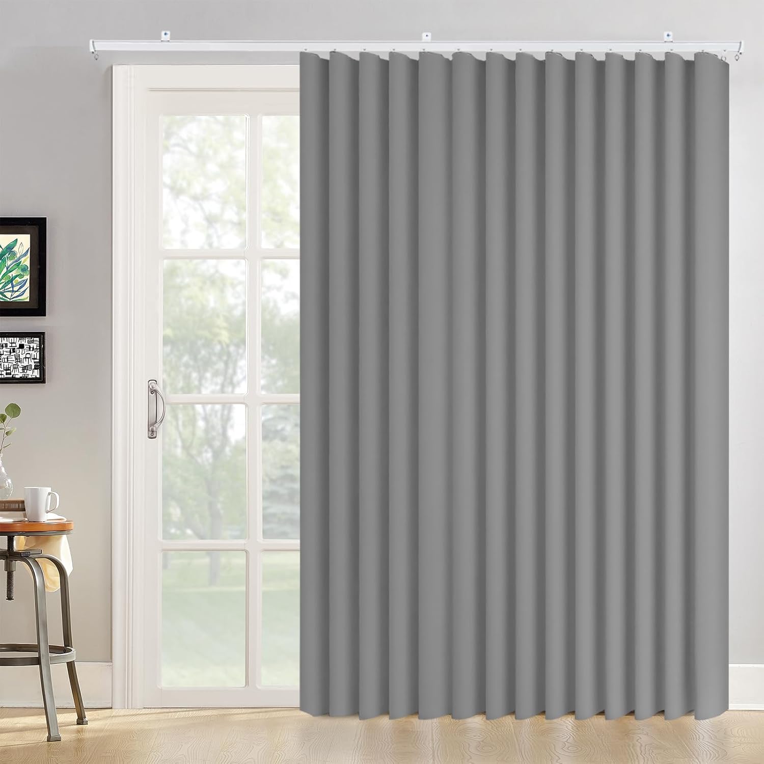Room Divider Curtains with Flexible Curtain Track Set, Blackout Privacy Curtains Bendable Track Wall Mounted for Living Room Bedroom Separation, 1 Panel Gray Drape and White Rail, W216 x L96in Grey 216"W x 96"L (Pack of 1)