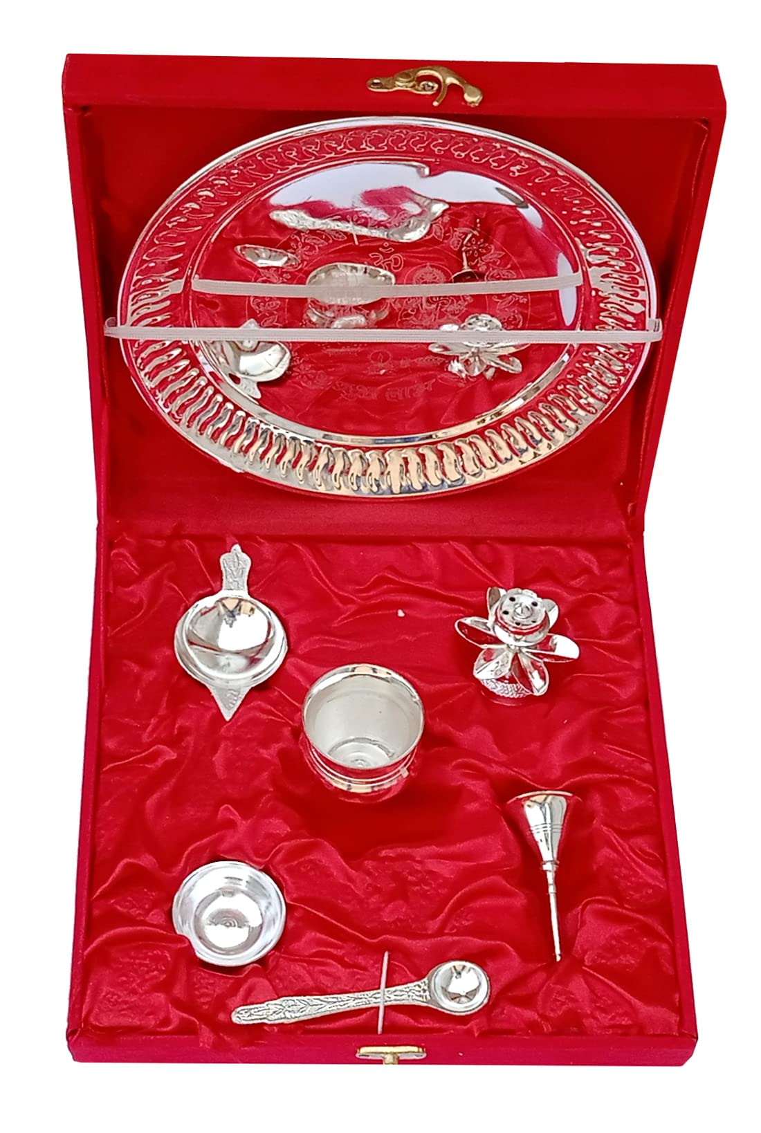 Purpledip Metal Puja Thali Set: Home Temple Decorative Platter with 7 Items in Velvet Gift Box, Silver (12595A) - Image 2 thumbnail
