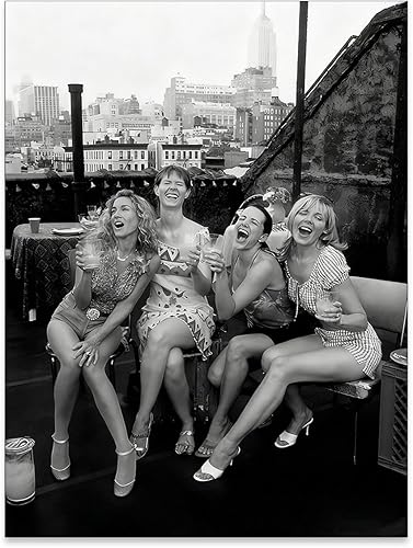 Retro Black And White Woman Canvas Wall Art Fashion Rooftop Party Posters Trendy Glam Girly Prints Pictures Woman Cheers Aesthetic Painting for