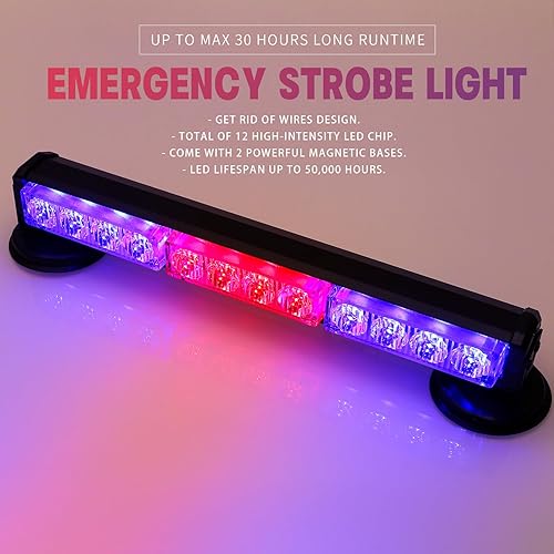 Vista 23 de BooYu Barra de luces estroboscópicas de emergencia de policía roja/azul de 19 pulgadas para camiones/vehículo/coche, mini luz de advertencia de #10