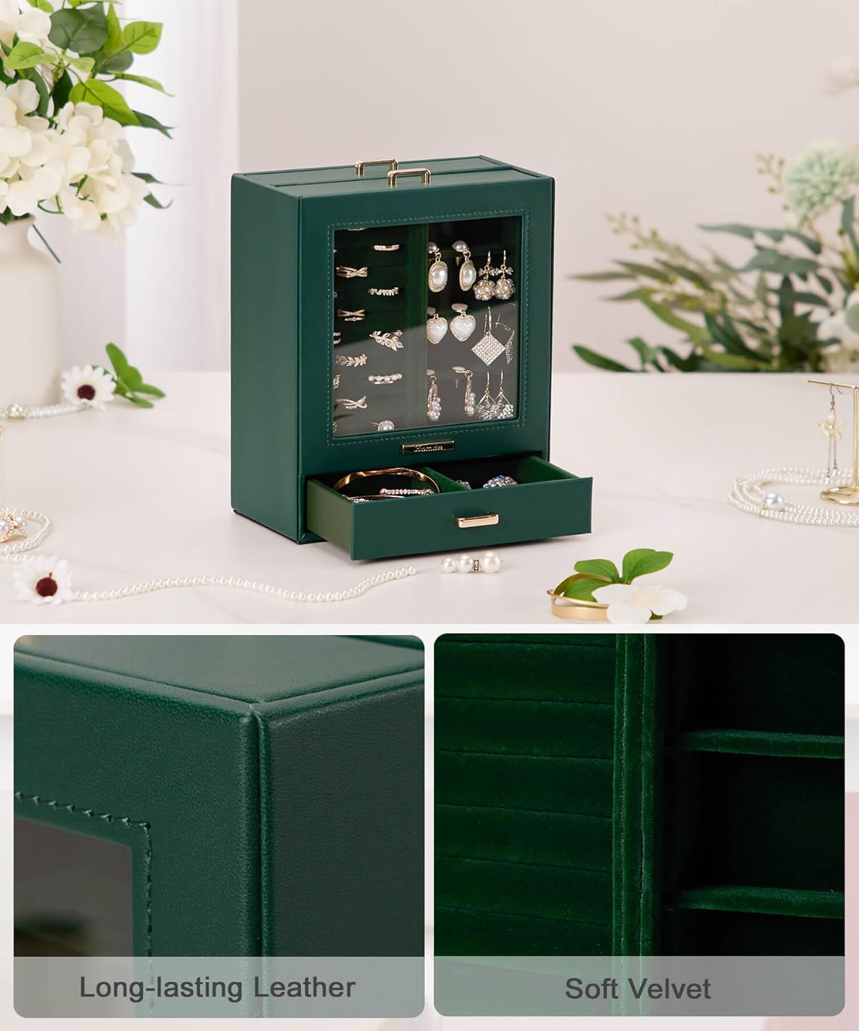 Homde Valentine's Day Gifts Jewelry Organizer Girls Women Jewelry Box for Necklaces Rings Earrings Gift Bracelets Storage Case (Forest Green + Gold) - Image 6