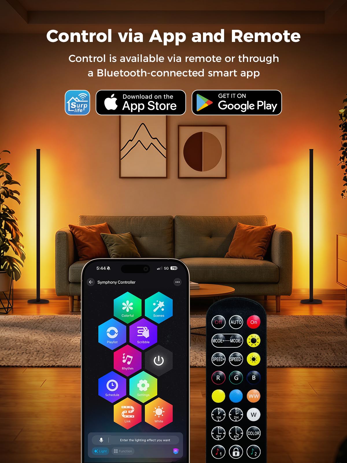 Smiling Shark LED Stehlampe Wohnzimmer, Smart Modern RGBIC Standleuchte mit Fernbedienung und APP 16 Millionen Farben Dimmbar Stehlampe mit Musik Sync und Timer für Schlafzimmer Gaming-Zimmer