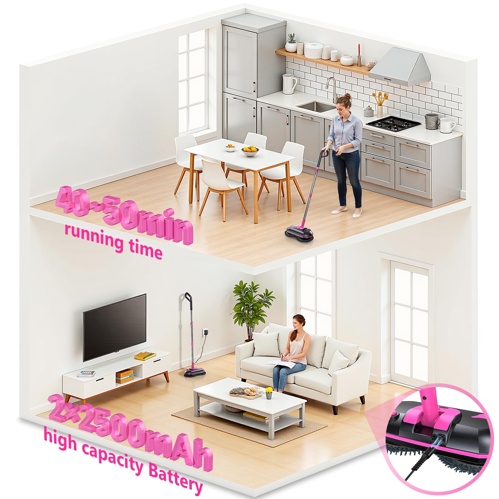 ScrubWiz Trapeador eléctrico inalámbrico, mopa giratoria eléctrica con spray de agua, potente limpiador de pisos, limpieza y cera súper silenciosa, blanco y negro
