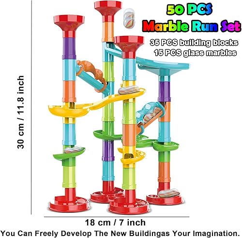 Miniatura 3 de Juego de 50 piezas de mármol de alta calidad, juguete educativo de bloques de construcción STEM, juego de carreras de pista de mármol con 15 canicas