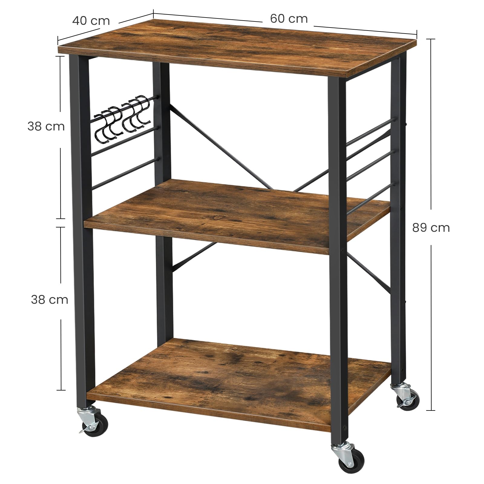 VASAGLE Küchenregal auf Rollen, Servierwagen, 3 Ebenen, Küchenwagen, für Mini-Backofen, Mikrowellen, Metallrahmen, 6 Haken, 40 x 60 x 89 cm, vintagebraun-tintenschwarz KKS60XV1