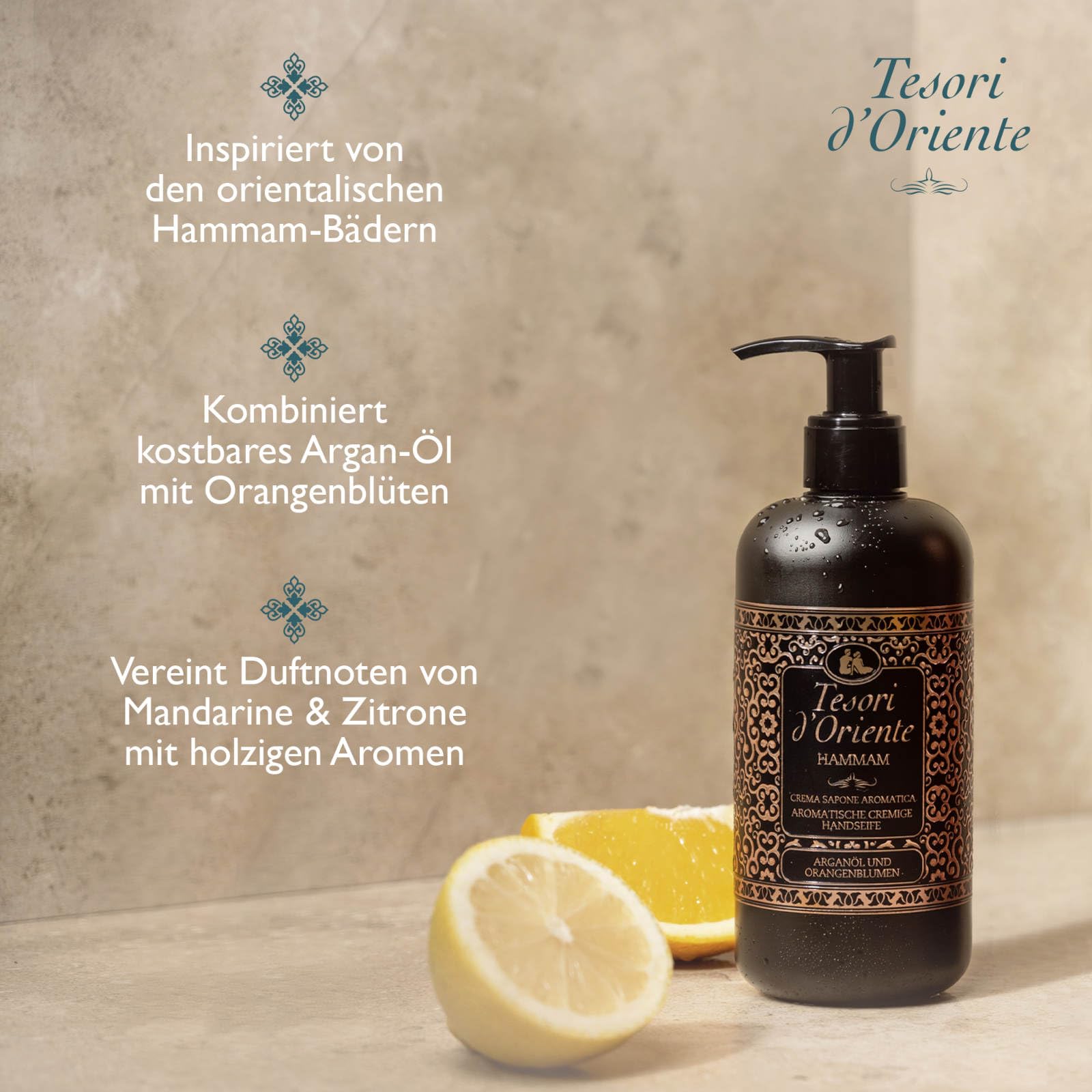 TESORI D'ORIENTE Jabón crema 'Hammam' 6 x 300 ml jabón líquido jabón manos dispensador aceite de argán y flor de azahar aromático jabón de manos, rituales de bienestar para cuerpo y sentidos