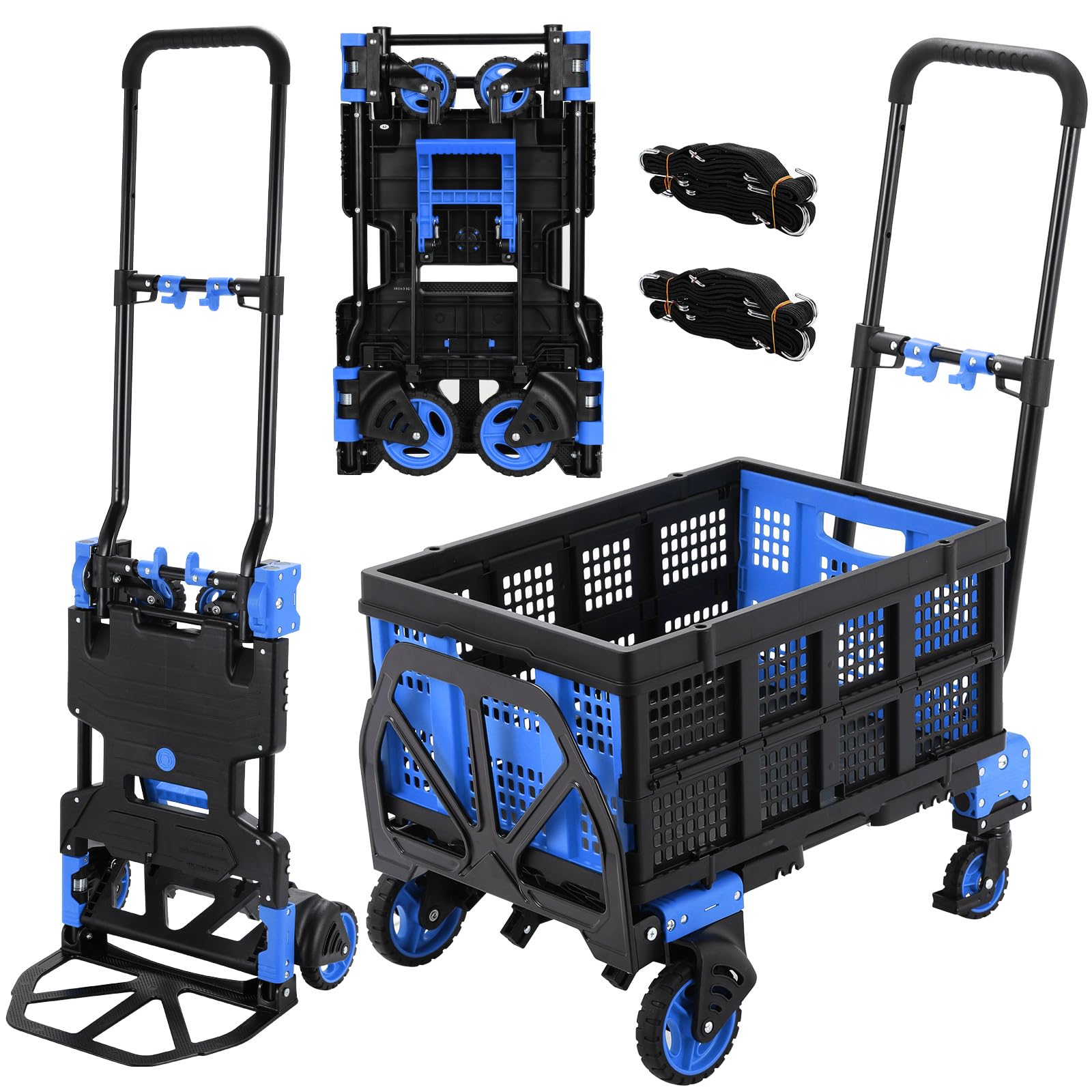 Wózek transportowy 2 w 1 i wózek platformowy ze składanym pudełkiem, wózek transportowy, składany maks. 150 kg, wózek transportowy, 2 gumki napinające z haczykami, 3-stopniowa regulacja wysokości, do