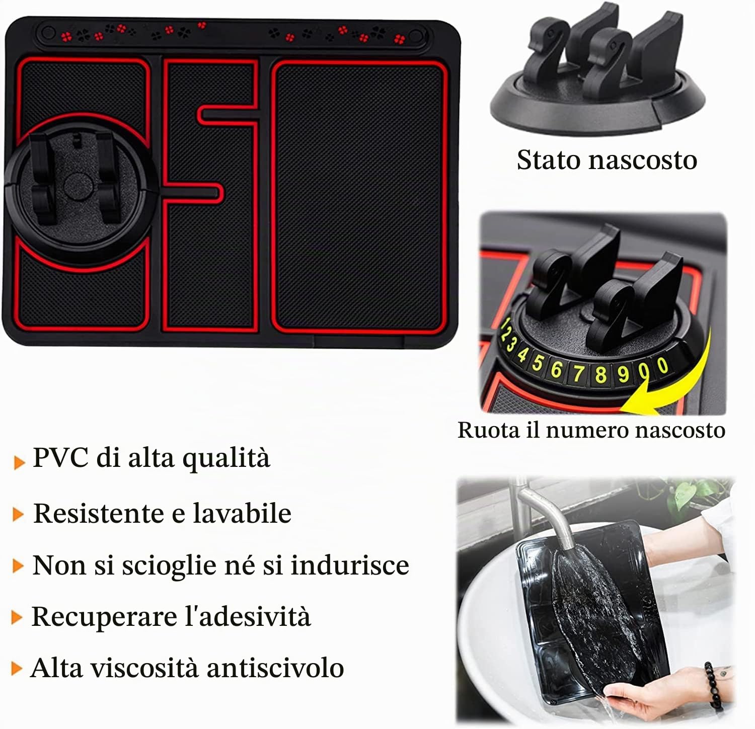Tappetino per telefono antiscivolo per auto 4 in 1, tappetino per cruscotto auto, tappetino antiscivolo in silicone, tappetino antiscivolo per cruscotto auto multifunzionale, rotazione a 360 °
