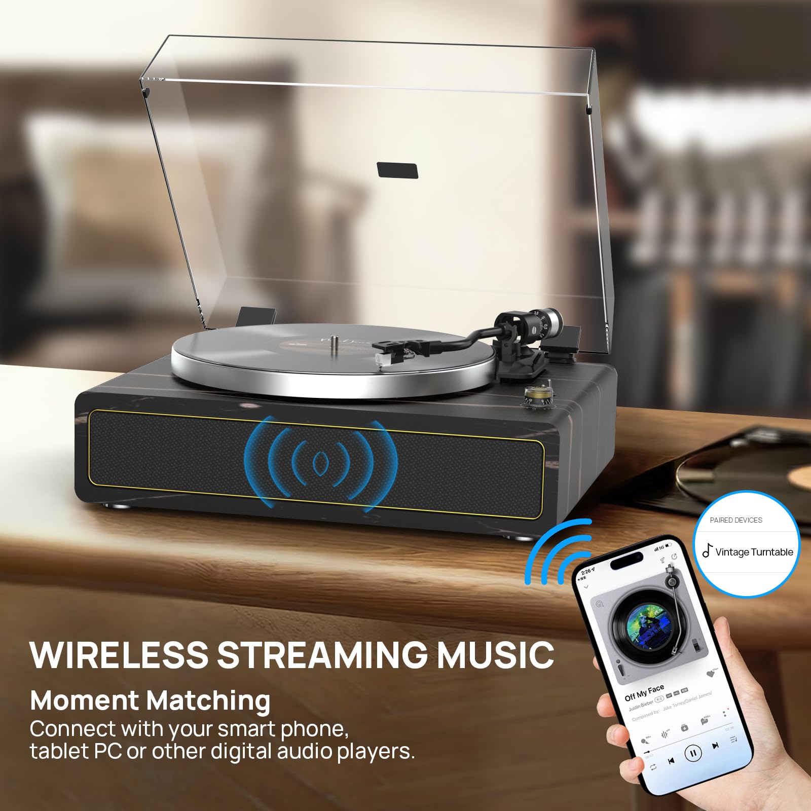Giradischi con Altoparlanti Incorporati, Giradischi Vinile Bluetooth 2 Velocità 33/45 RPM e Auto-Off/Aux-In/RCA