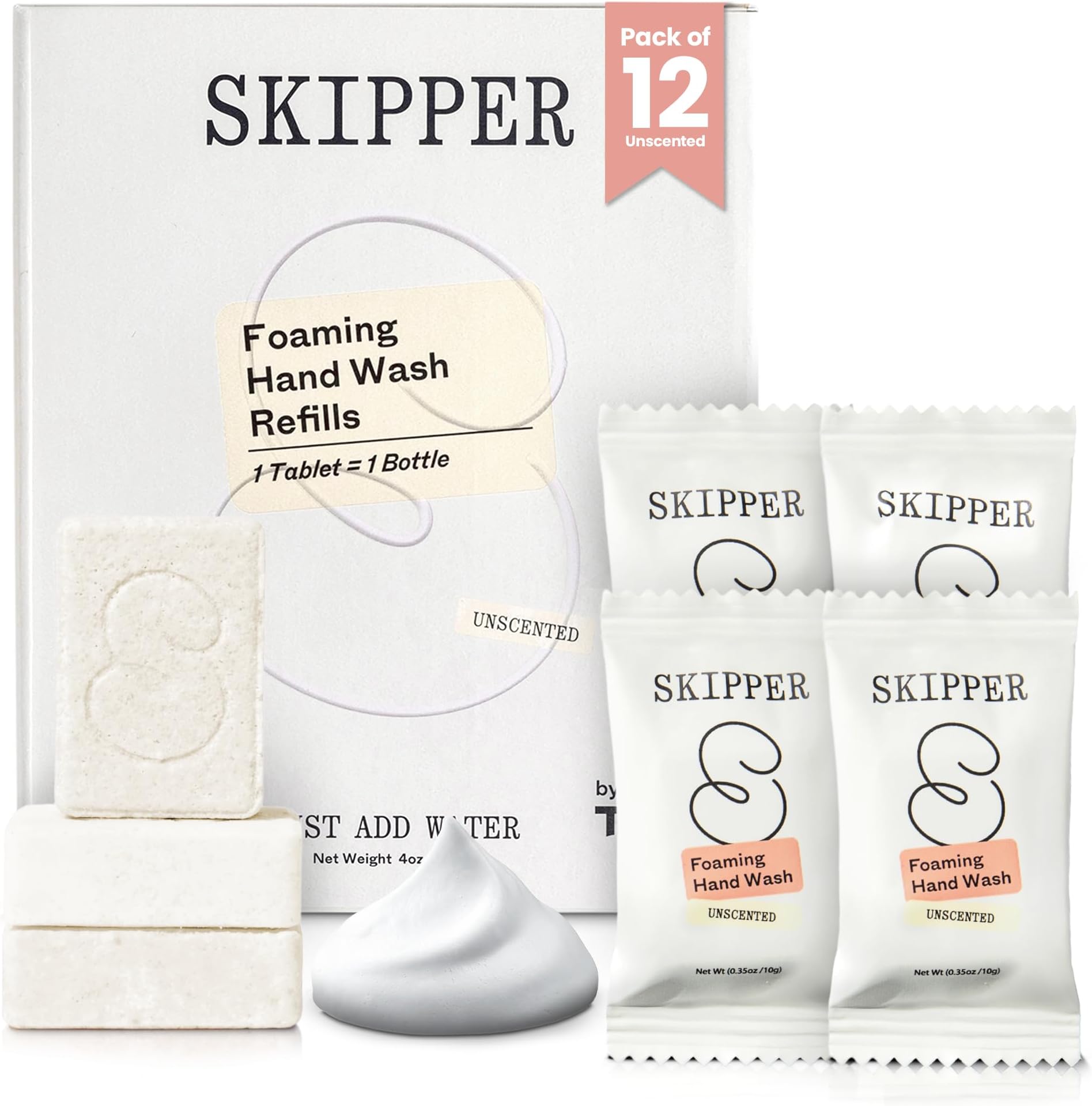 Tirtyl Skipper Foaming Hand Soap Tablet Refills - 12 Pack - 4oz fl total (12x 0.4 fl oz) - Rebranded - Compostable Packaging - Unscented